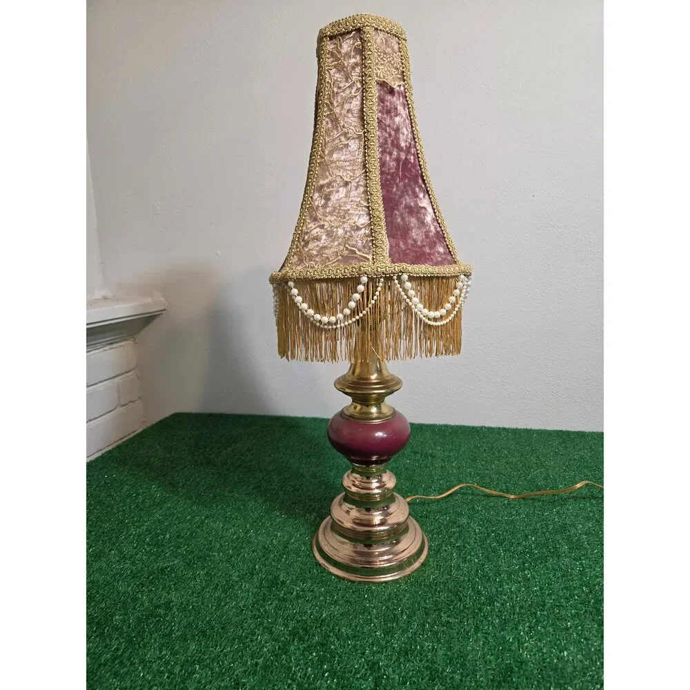 Vintage Hand-Restored Boudoir Table Lamp – Ornate Pink Velvet & Beaded Fringe B